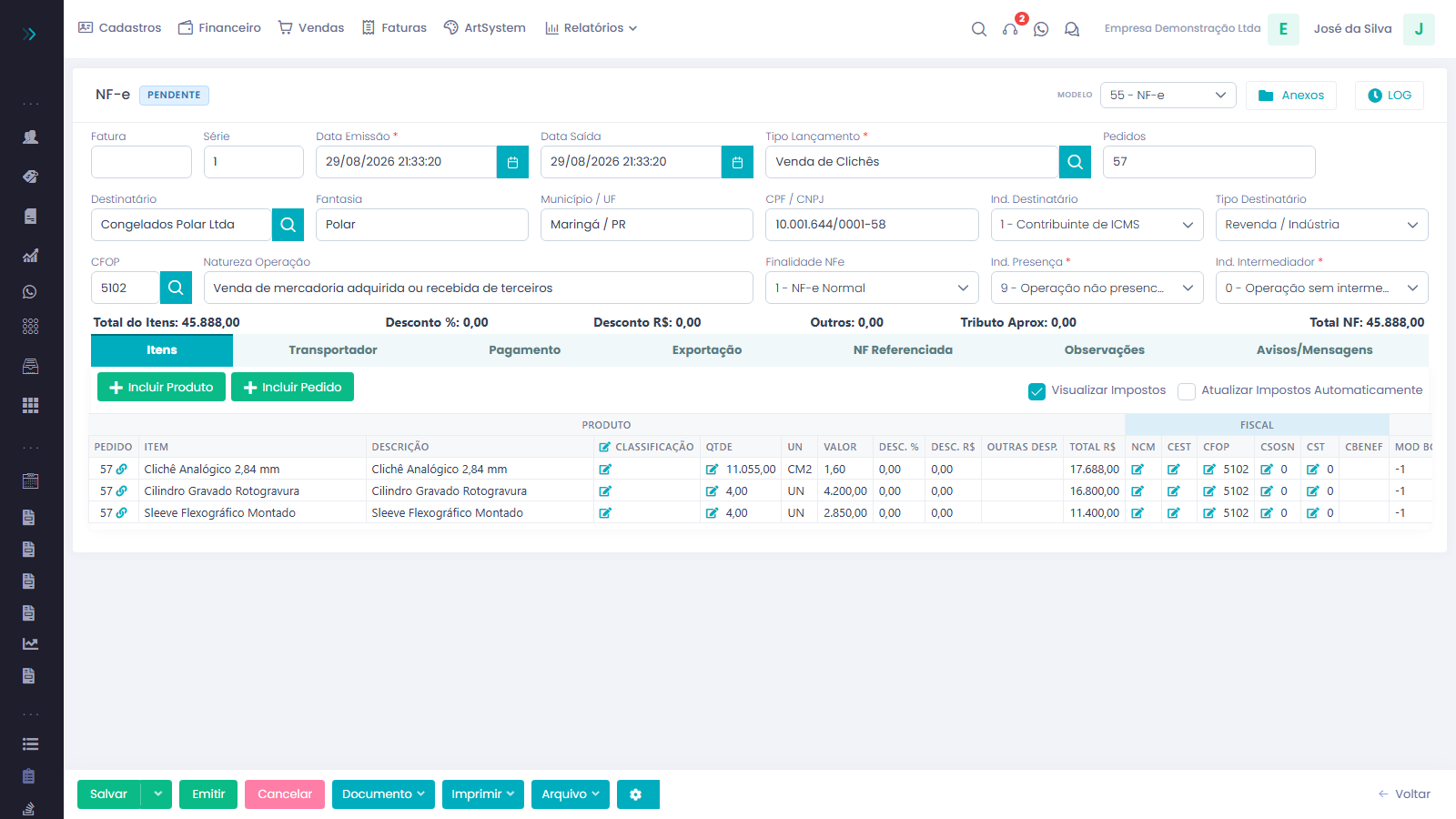 Emissor NF-e 4.0 — tela 3